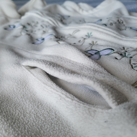 Vintage White Long Vest Embroidered Green Flowers Pockets - Picture 5 of 6